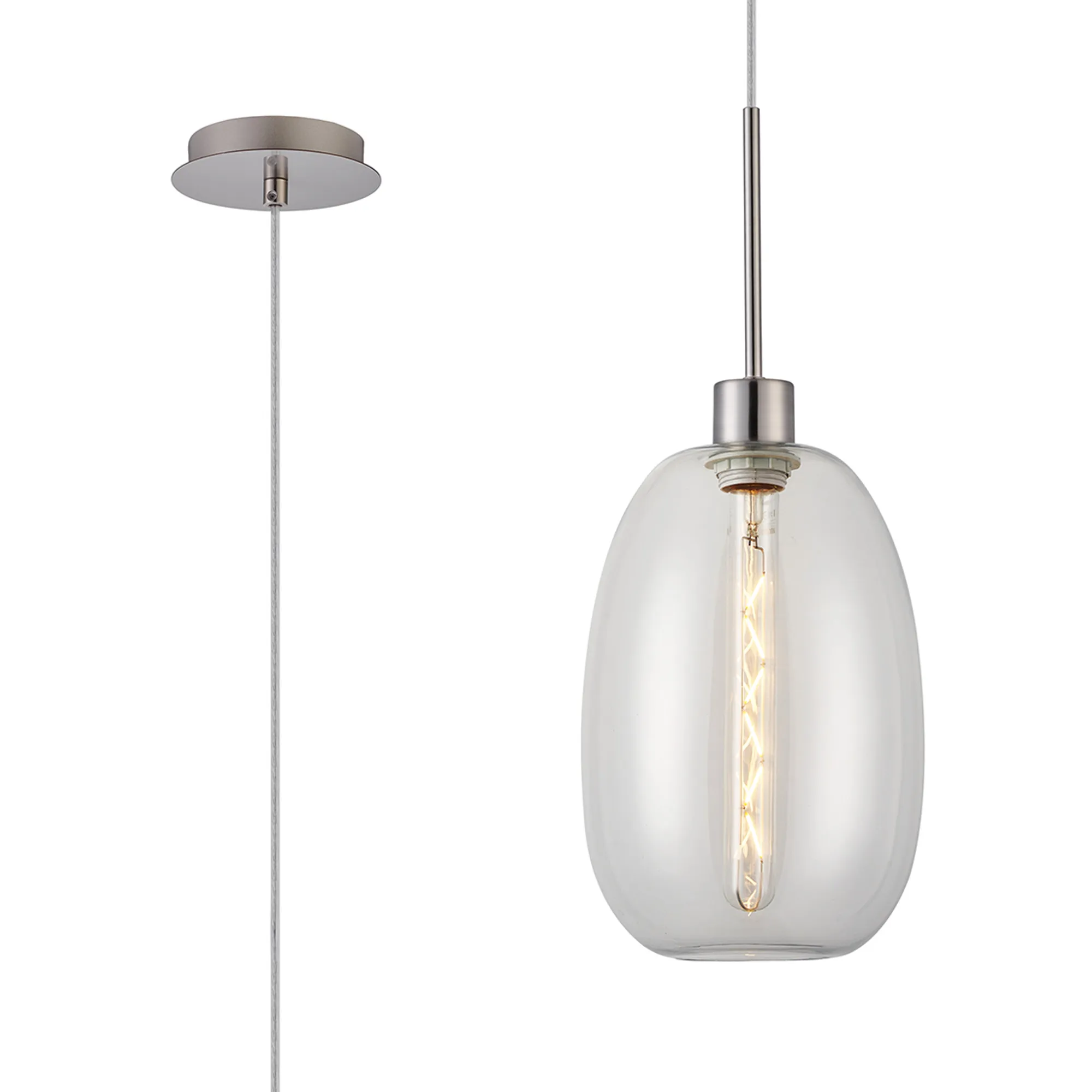 DK1351  Lori 1.7m Single Pendant, 1 Light Adjustable E27, Satin Nickel/Clear Slim Curved Trapezium Shades